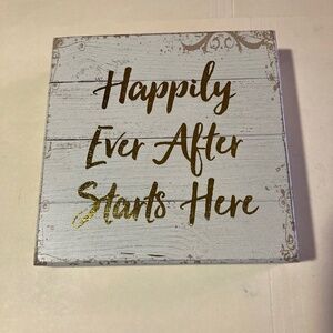 “Happily Ever After Starts Here” Wooden Shelf Sitter